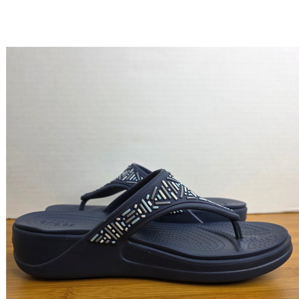 Crocs Monterey Beaded Wedge Flip Flops Navy Blue Women Size 9 Sandals - Picture 5 of 11
